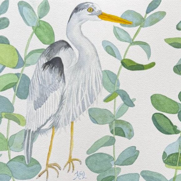 Painting Watercolor Heron Bird Gray Green Leave 11x14 Mat 16x20